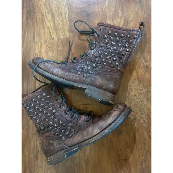 FRYE Jenna Disc Boot PRE-LOVED RUGGED Studded Combat 8.5 Lace Up Leather Brown - Picture 4 of 7